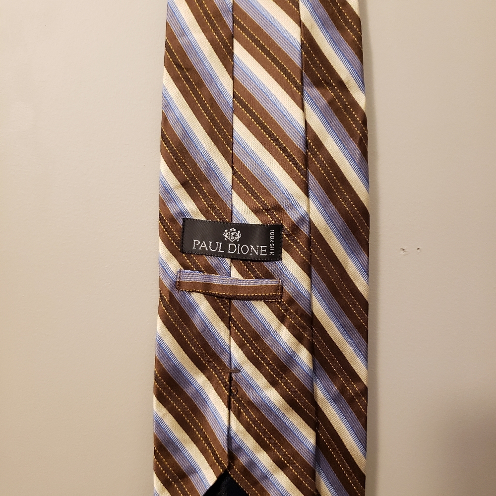 Paul Dione Silk Tie Gold Beige Navy Blue Stripes 4"